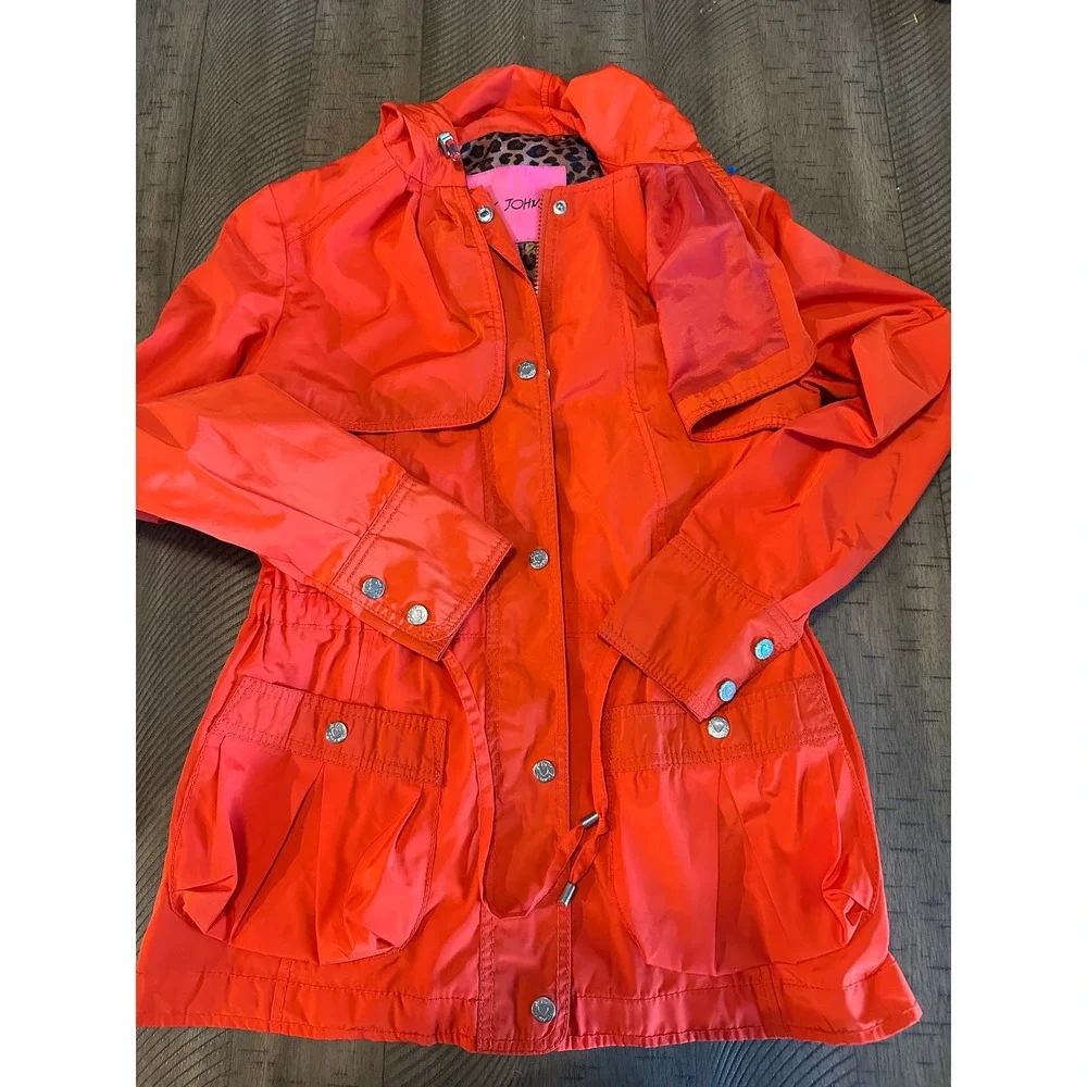 Betsey Johnson Vibrant Orange Anorak Rain Jacket – Leopard & Rose Lining – XS